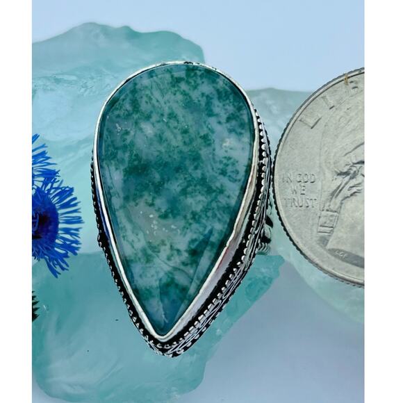 925 Sterling Teardrop Moss Agate Ring  Size 8.5 - Picture 7 of 7